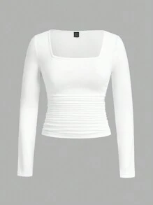 SHEIN EZwear 3 paquetes de camisetas de manga larga con cuello redondo y fruncido de color liso informal - Verde Oscuro - Ver 5