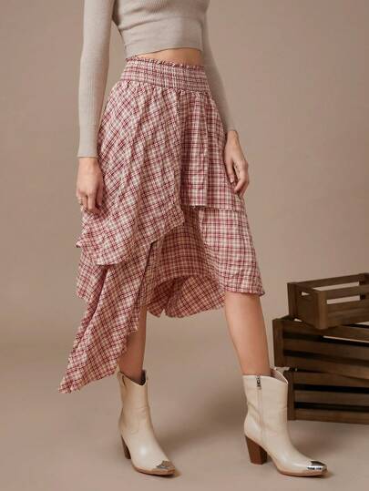 WESTFADE Gonna midi asimmetrica a balze con motivo a quadri western e orlo grezzo, outfit di Nashville