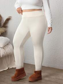 SHEIN CURVE+ Plus Size Effen Geribbelde Legging Voor Vrouwen, Voor De Winter