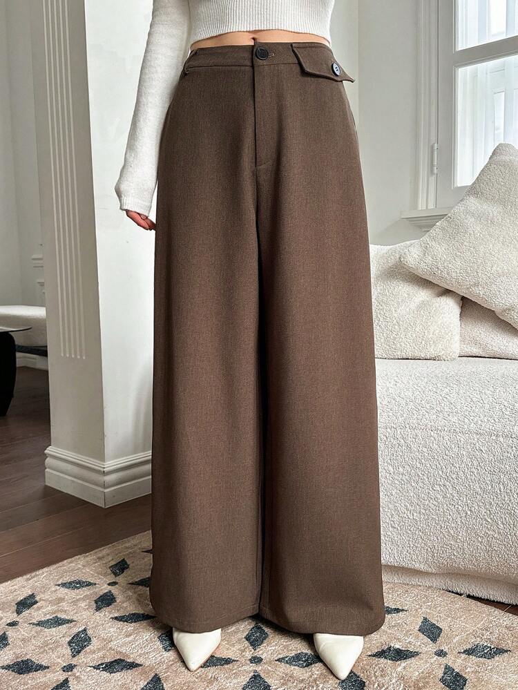 Women's Solid Color Loose Wide Leg Pants With Pockets And Waistband, Suit Pants Business Attire