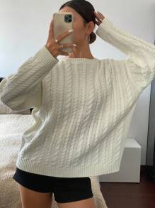 DAZY 女士宽松休闲圆领毛衣，全新秋季系列 - 米色 - 查看 3
