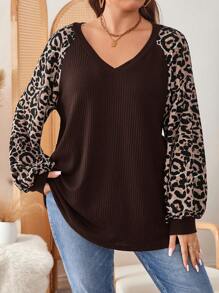 SHEIN LUNE Plus Size Women's Spring & Fall Leopard Print Lantern Sleeve V-Neck Casual T-Shirt Travel Holiday New Year Winter Clothes For Women New Years - Brown - View 6