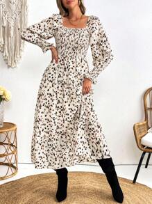 SHEIN VCAY Vacation Woven Print Squared Collar Long Sleeve Fitted Dress For Women