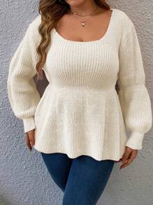 Calvaya 大码女式圆领喇叭下摆纯色休闲套头毛衣，秋冬针织套头衫 - 杏色 - 查看 4