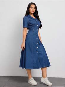 Women Button Front Casual Versatile Denim Dress - Medium Wash - View 4