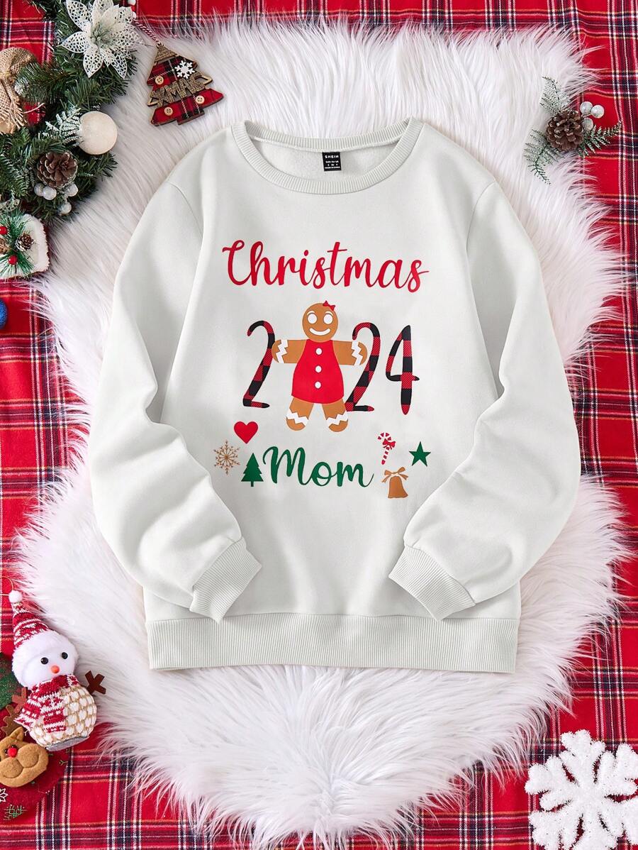 Assortiment familial de Noël, Sweat-shirt-shirt col rond pour femmes avec des imprimés festifs amusants : Maman de Noël, Sapin de Noël, Flocon de neige, Canne en bonbon, Étoile, Conception de cloches, Doublure thermique, Pull décontracté et chaud pour l'automne - Blanc - Voir 1