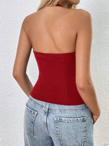 SHEIN EZwear 女士休闲纯色常规版型无袖露背针织背心 - 玫瑰紅 - 查看 2