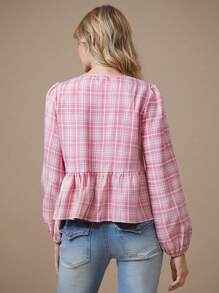 WESTFADE Western Cowgirl Plaid Tie Front Long Sleeve Ruffle Peplum Bow Top Spring Break Nashville