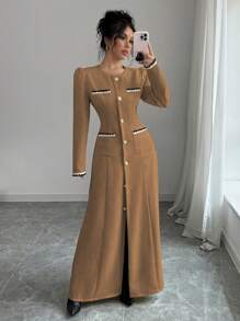 Elenzga 时尚仿珍珠饰边腰部收袖高端通勤夹克 - 棕色 - 查看 5