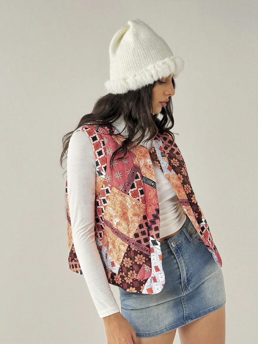 Forever 21 New Autumn/Winter National Style Auspicious Number Digital Print Round Neck Sleeveless Quilted Padded Vest/Jacket - Multicolor - View 1