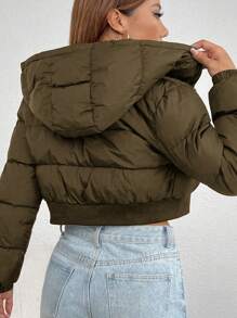 SHEIN VCAY Plus Size Simple Plain Color Cropped Hooded Padded Coat, Casual Winter