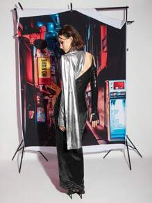 NO NAME Designer Women's Black Silver Contrast Metallic Coated Fabric Glittery Sparkle Sequin Slit Y3K Long Party Elegant Dress Outfit, For Holiday, Birthday Outfits, Spring & Summer, Festival, Wedding, Prom Dress - Multicolor - View 2