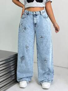 SHEIN EZwear Jeans en denim bleu à jambe droite ample et décontractée grande taille