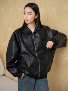 Dazy-Less Áo khoác PU rộng rãi cho nữ, Áo gió dài tay thường ngày cho mùa thu - màu đen - Xem 10