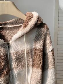 Muchica 女式休闲拼色格子抽绳连帽常规夹克，秋冬 - 卡其色 - 查看 6