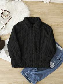 SHEIN Frenchy Plus Size Women's Casual Simple Fluffy Long Sleeve Jacket,Winter Clothes - Black - View 3
