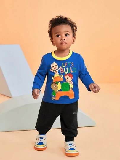 CoComelon X SHEIN Baby Boy Tecknad Söt Trendig Sportig & Casual T-shirt, med färgglada block och bedårande barntryck, långärmad, lämplig för alla årstider