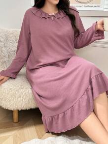 大码荷叶边彼得潘领宽松长袖睡袍 - 藕粉色 - 查看 6