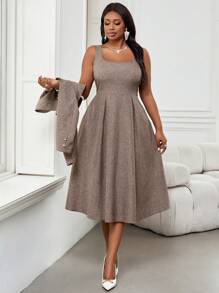 SHEIN Lady 秋冬优雅通勤办公室卡其色梭织方领喇叭中长袖大码套装冬季女装女套装感恩节女装保暖长袖两件套冬季服装圣诞女装圣诞服装长袖连衣裙女两件套圣诞女装女西装外套圣诞连衣裙感恩节圣诞服装冬季冬装冬季套装假日冬季女装套装棕色高级优雅服装秋季服装曲线优雅女装秋季女装秋季女装冬季服装新年女装女装冬季服装