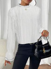 Chiquease Women Contrast Trim Stand Collar Long Sleeve Casual Top, Daily Wear Fall Cloth For Women - White - View 3