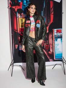 NO NAME 设计师波西米亚风女式 V 形低腰复古 1960 年代 PU 材料拉链阔腿裤，适合假期、休假、春季、节日、伊比沙岛 - 黑色 - 查看 1