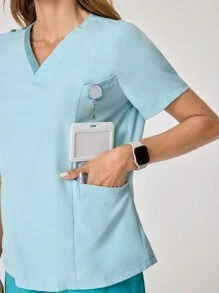 SHEIN TaskFit Contrast V-Neck Patchwork Pocket Short Sleeve Scrub Uniform Top - Mint Green - View 4