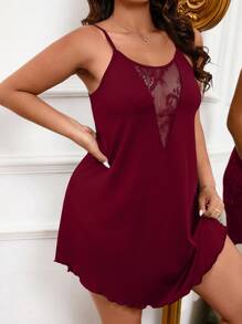 蕾丝拼布细肩带睡袍，休闲时尚，适合日常穿着 - 酒紅色 - 查看 3