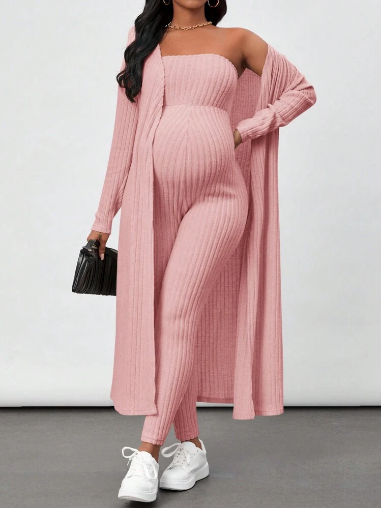 SHEIN Thai sản Màu thuần Tay áo dài áo Và Quây Áo liền quần Bộ - Hồng - Xem 6