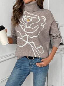 SHEIN LUNE 女士高领休闲印花针织套头衫秋冬款 - 駝色 - 查看 8