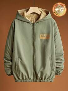 SHEIN Leap Crew 青少年男童休闲舒适学院风复合保暖连帽印花标语图案梭织长袖外套，适合返校节、文艺复兴、秋季机场鸡尾酒会等场合穿着。 - 綠色 - 查看 4