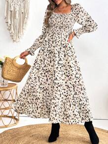 SHEIN VCAY Vacation Woven Print Squared Collar Long Sleeve Fitted Dress For Women