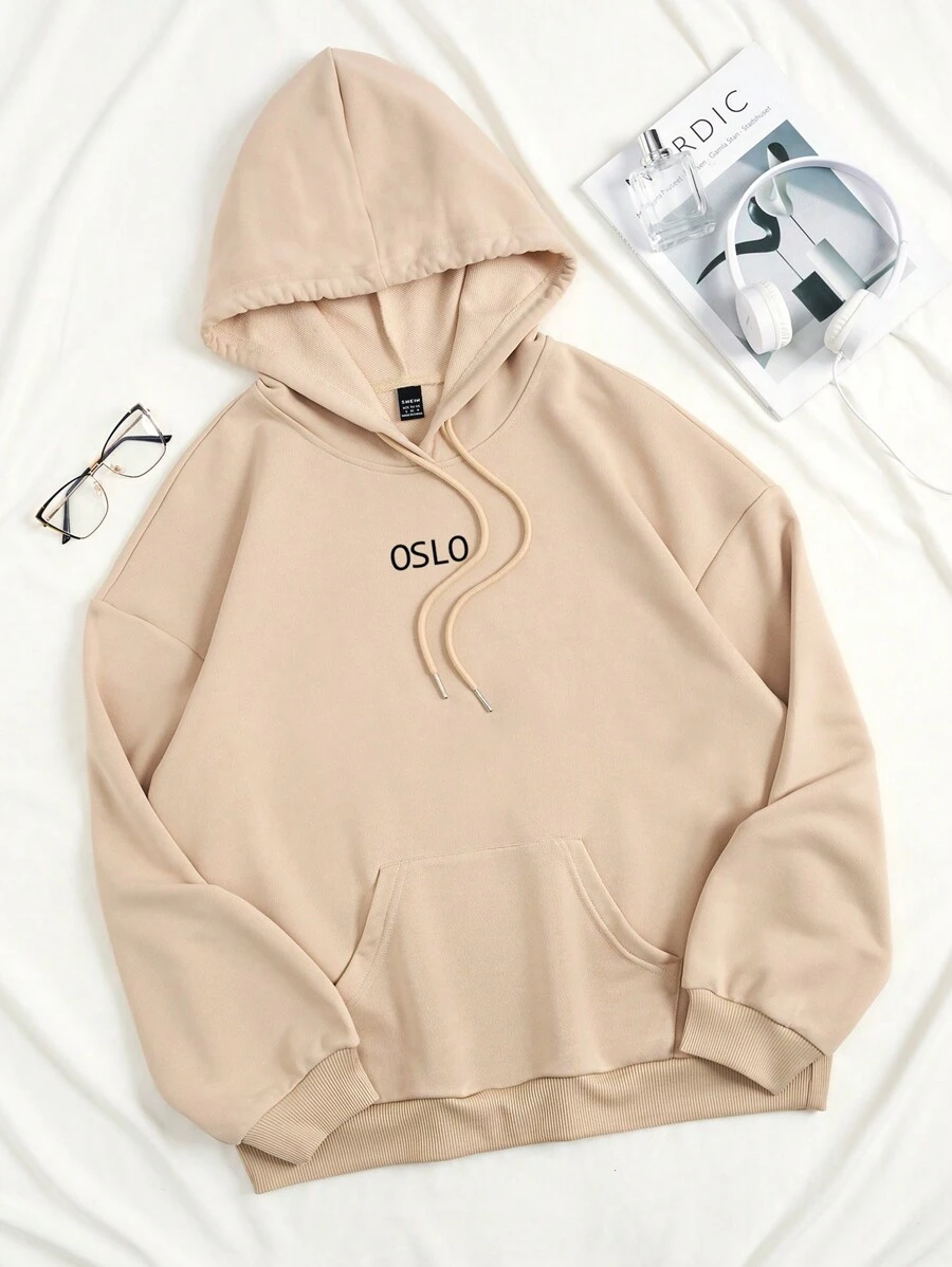 Slaydiva Áo hoodie in họa tiết tối giản giản dị dài tay rộng rãi cho nữ, mùa thu/đông - Màu Khaki - Xem 1