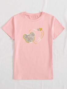 INAWLY Women's Faux Sequins Pattern Printed Round Neck Short Sleeve T-Shirt, Casual Summer Top Graphic Tees Women Tops - Pink - View 3