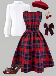 Conjunto de 2 piezas de ropa para adolescentes con vestido jumper de cuadros escoceses y camisa, estilo académico, para Navidad - Rojo - Ver 2