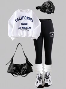 SHEIN Conjunto de sudadera y mallas para niña, estilo urbano chic, con sudadera con capucha de punto estampada con letras y pantalones a juego, apropiado para primavera y otoño, para usar de forma casual al aire libre.