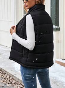 EMERY ROSE Chaleco acolchado con cremallera frontal sin mangas de unicolor casual para mujer, uso versátil para todos los días, ropa de otoño/invierno - Negro - Ver 2