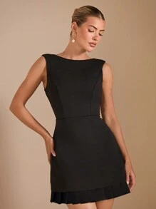 SHEIN BAE Women's Romantic Pleated Contrast Color Trim Detail Midi Dress, Suitable For Dates, Outings In Summer, And As Layering Piece In Fall - Black - View 7