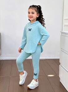 年轻女孩都市纯色蓬松连帽毛衣套装 - 藍色 - 查看 3