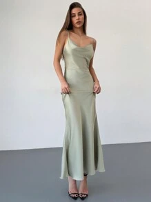 Aloruh Đầm dài hở lưng cổ xếp nếp cho nữ có họa tiết hoa 3D, thanh lịch - Màu be - Xem 4