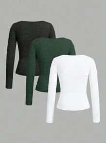SHEIN EZwear 3 paquetes de camisetas de manga larga con cuello redondo y fruncido de color liso informal - Verde Oscuro - Ver 2