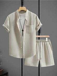 Manfinity Homme 2 件套男士纯色单排扣口袋短袖衬衫和短裤休闲套装 - 灰色 - 查看 6