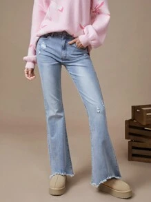 WESTFADE Summer Outfit High Rise Premium Denim Distressed Fray Hem Flare Jeans - Light Wash - View 3