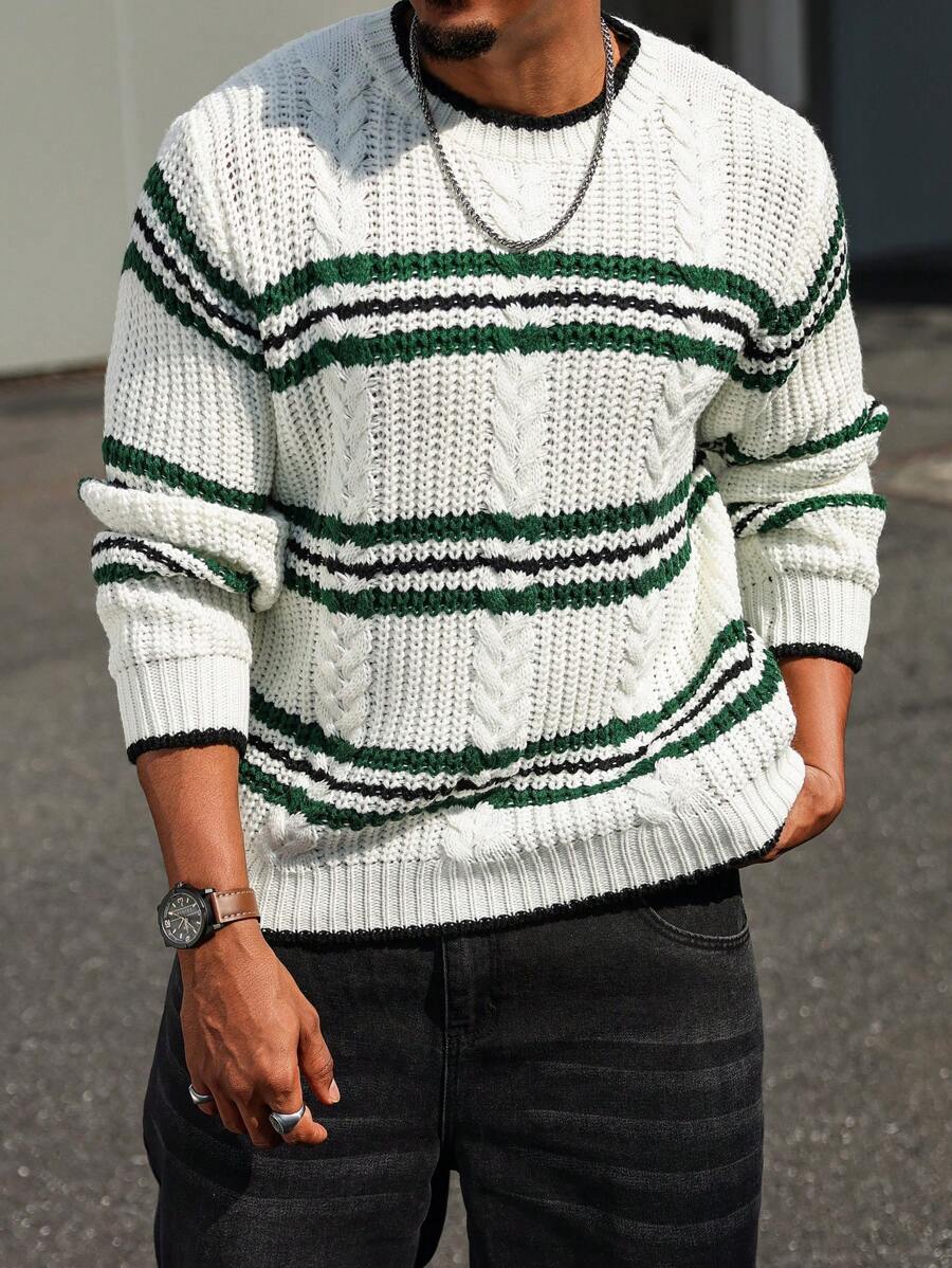 Manfinity Homme Men's Stripe Round Neck Loose Fit Casual Knit Sweater, Autumn/Winter - Black and White - View 1