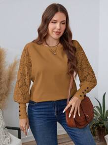 SHEIN LUNE 大码女式春秋季圆领撞色蕾丝长袖优雅上衣假日