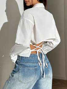 SHEIN EZwear 女士简约时尚休闲日常交叉领带短款衬衫 - 白色 - 查看 2