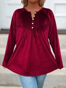 女士加大码长款简约优雅 T 恤 - 酒紅色 - 查看 5