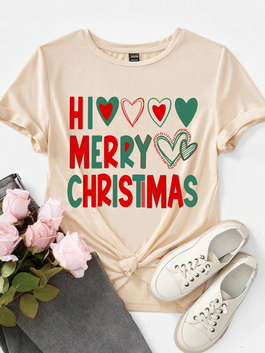 SHEIN Essnce 圣诞快乐！休闲宽松圆领短袖女式 T 恤，印有英文圣诞图案 - 杏色 - 查看 1