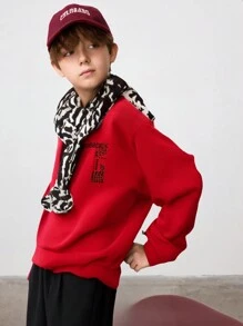 SHEIN Leap Crew Áo nỉ cổ tròn in họa tiết chữ và đồ họa thường ngày cho bé trai tuổi mới lớn, Giáng sinh, Đỏ, Đen, Mùa đông - Đỏ - Xem 6