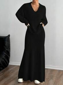 SHEIN Unity 2 件女式休闲长袖上衣和裙子套装 - 黑色 - 查看 5