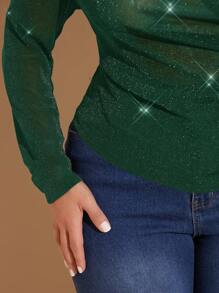 SHEIN BAE Áo cánh tay dài cổ bất đối xứng cỡ lớn dành cho nữ mùa thu thanh lịch mùa xuân và mùa hè, áo phông lưới dự tiệc sáng bóng tay dài, áo xuyên thấu - Màu xanh lá cây đậm - Xem 7